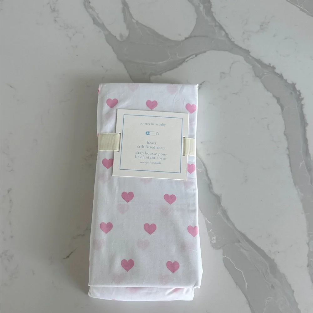 NWT Pottery Barn Kids White Crib Sheet with Light Pink Hearts